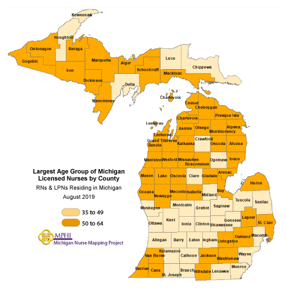largest age group map of Michigan nurses in 2019